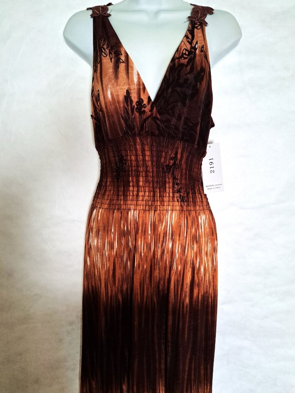 Women's Large Boho Maxi Dress Floral Lace Trim Tan/Brown Ruched Y2K Stretchy NWT
